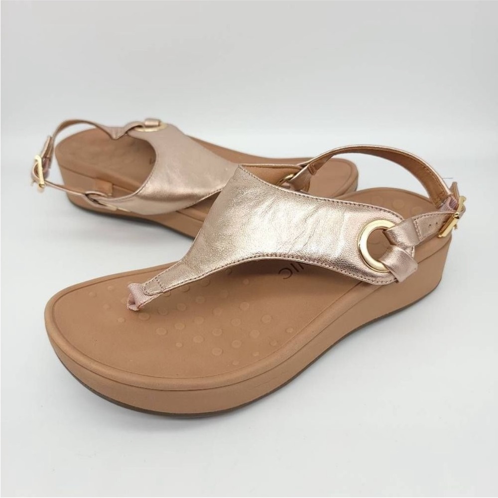 Vionic Leather Metallic T-Strap Sandals Jolie Summer Shoe Women's Size 7